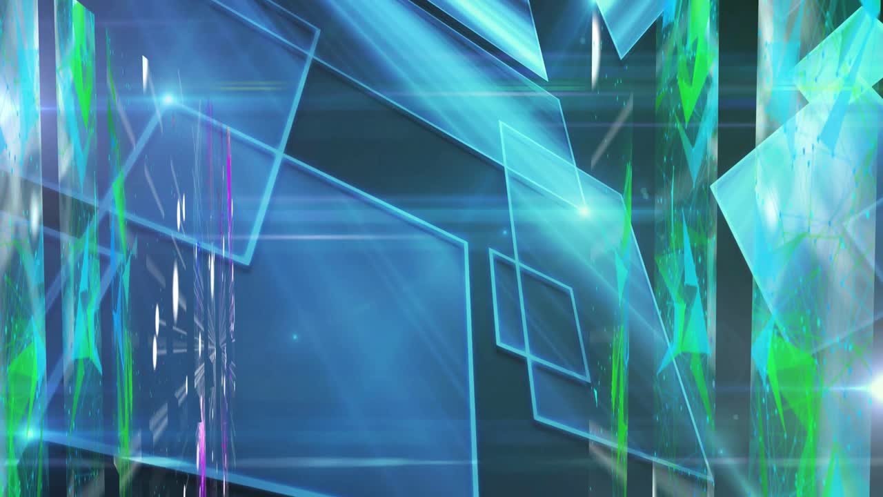 Upon dark background appearing translucent panels rotating around axis while light beams pulsing