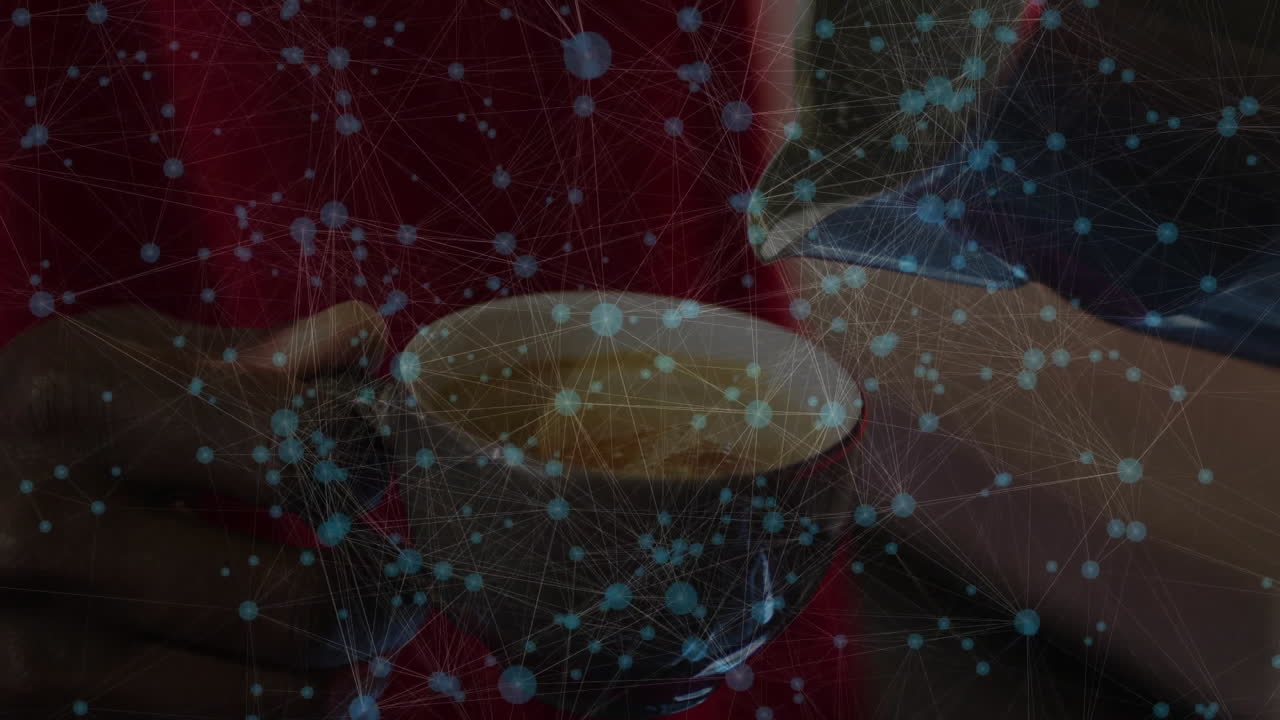 friends sharing coffee in cafe, featuring tech network of glowing nodes and connecting lines