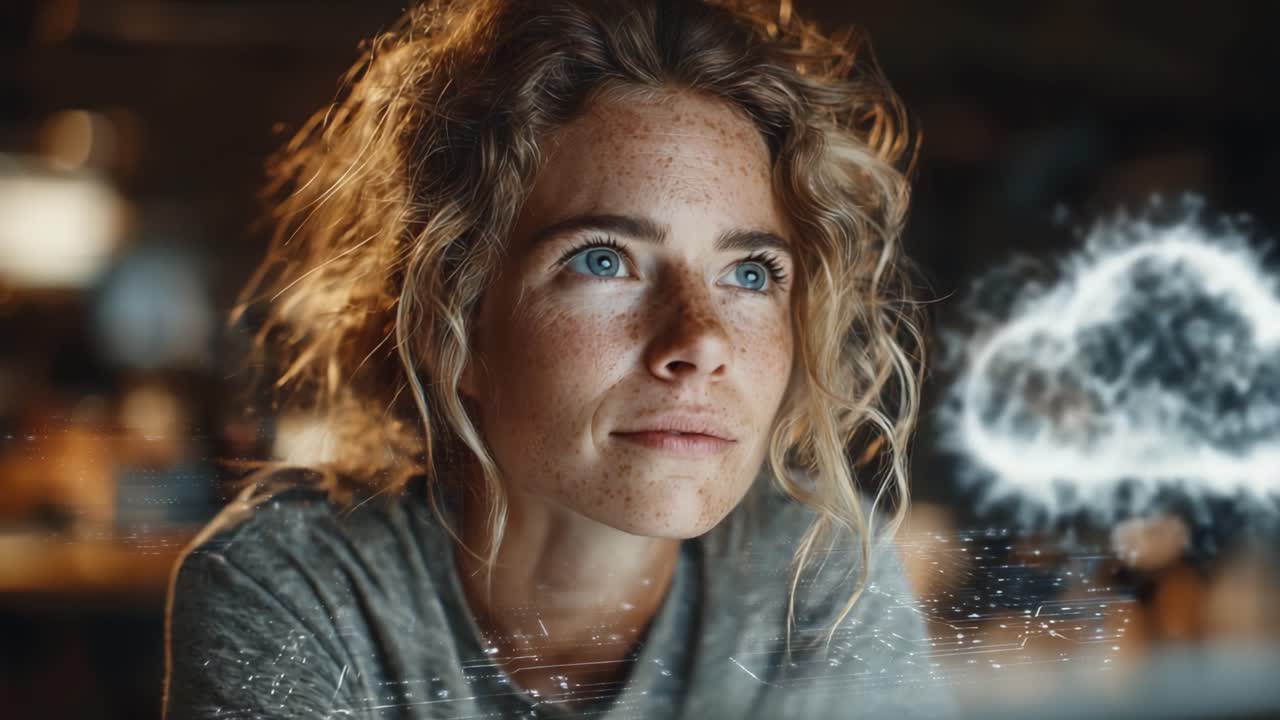 A Thoughtful Young Woman Ponders the Future While Gazing at a Digital Cloud Visualization, Capturing the Intersection of Technology and Human Emotion