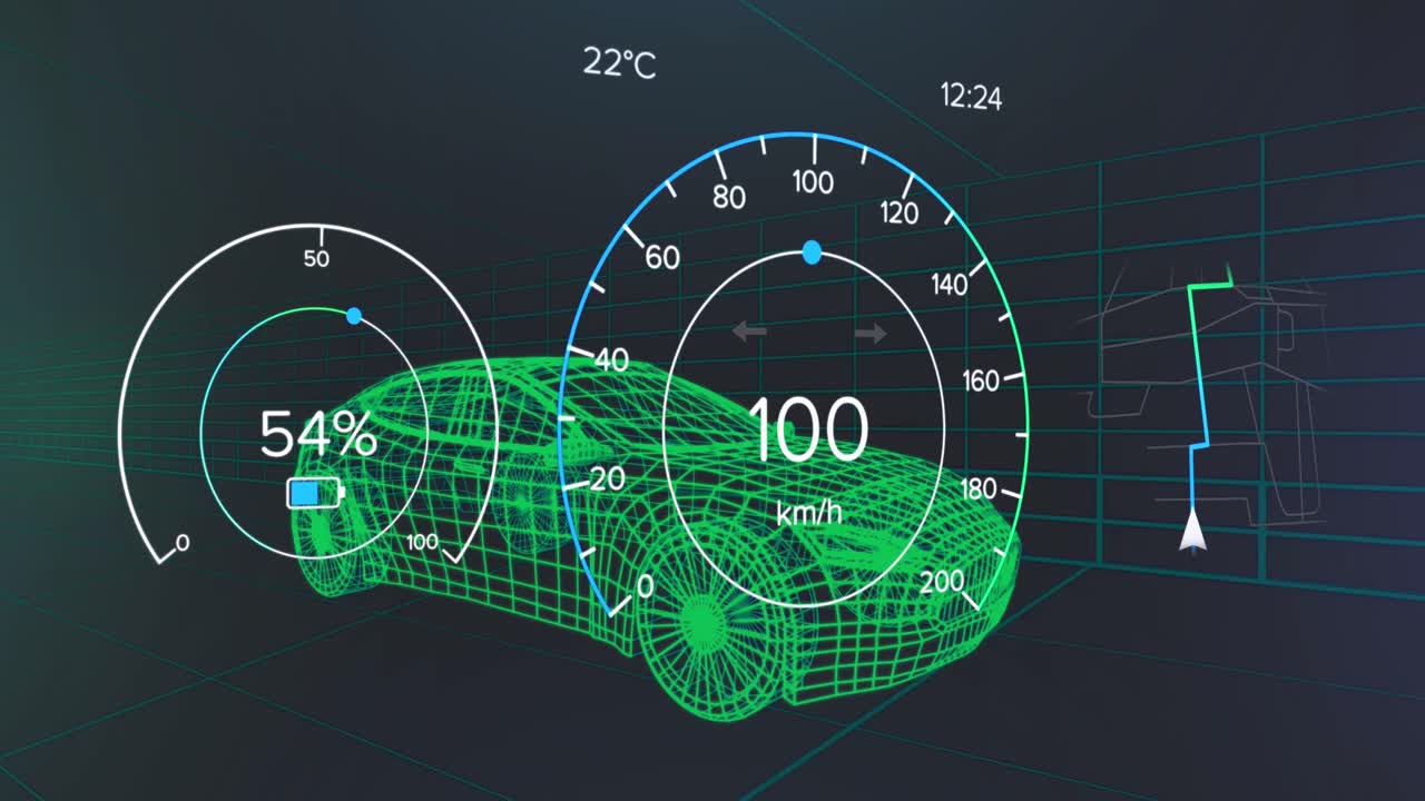 Animation of speedometer data processing over 3d car drawing