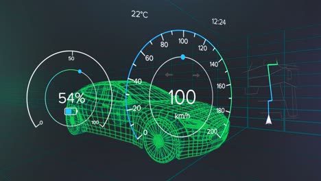 animation of speedometer data processing over 3d car drawing