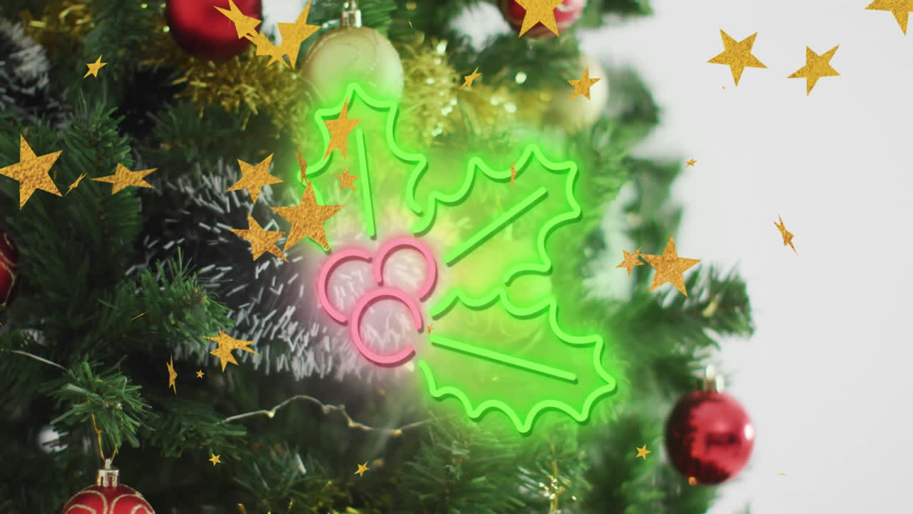 Animated Christmas holly leaves and berries over decorated tree with ornaments