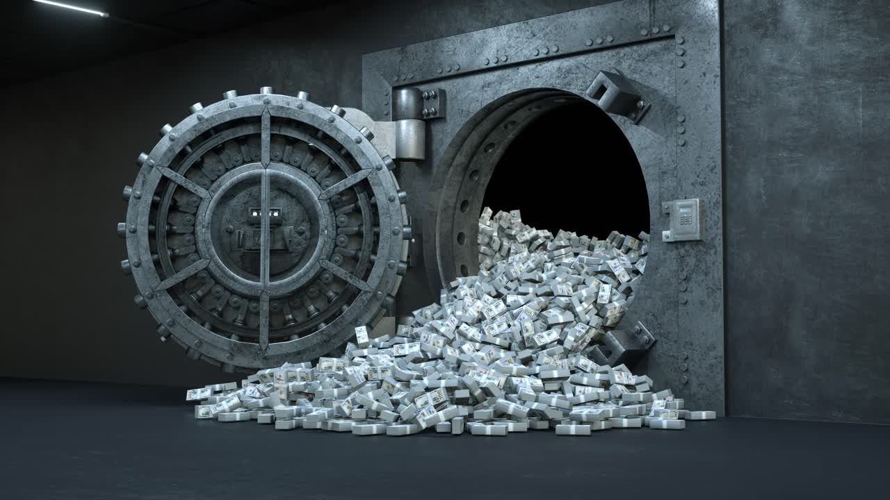 Opening of the vault door in bank with a lot of money