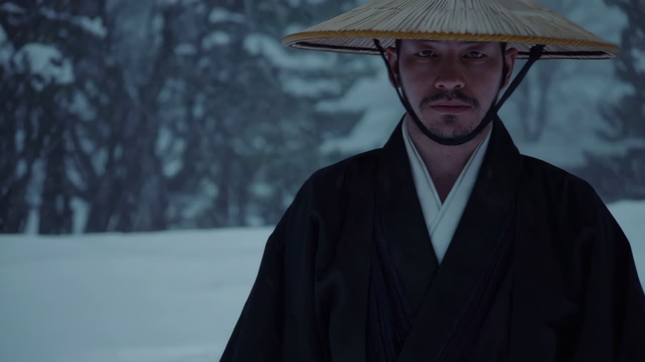 눈보라 때 전통 의상을 입은 일본인 남자