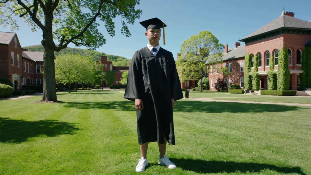 Recording camera capturing male graduate standing on campus quad in cap and gown marking graduation