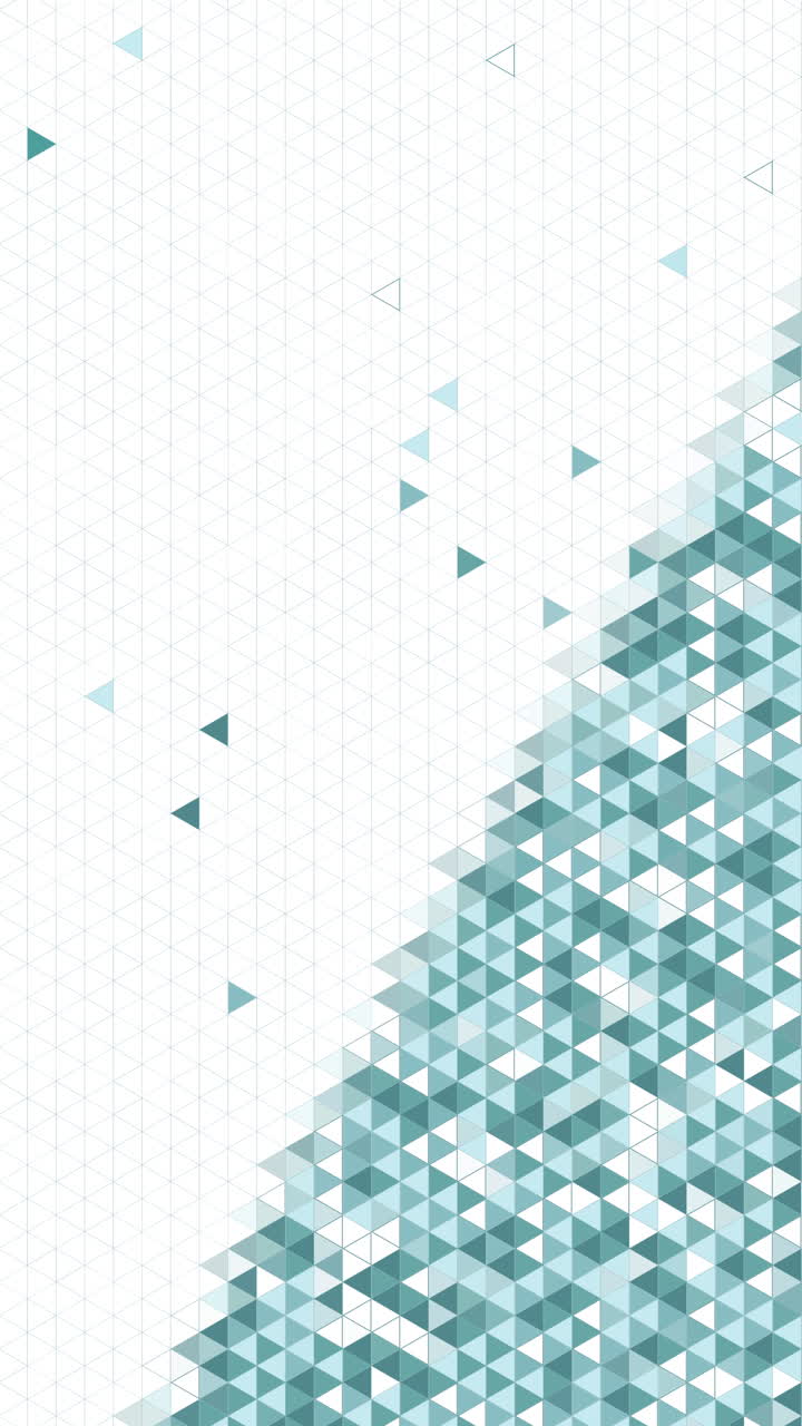 Composition featuring a gradient of teal and blue triangles forming a diagonal shape on a white grid background. Loop animation. Triangle mosaic pattern. Vertical video