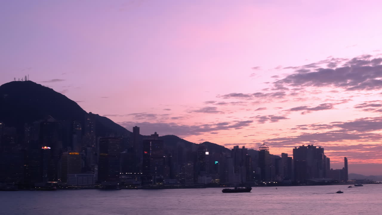 A beautiful cityscape of Victoria Harbour in Hong Kong at dusk