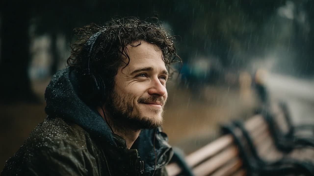 A Moment of Joy in the Rain: A Young Man Enjoying Music with Headphones on a Rainy Day, Embracing Nature's Serenity While Lost in Thought