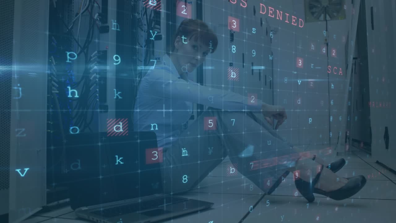 Animation of cyber attack text and data processing over caucasian female it technician by server
