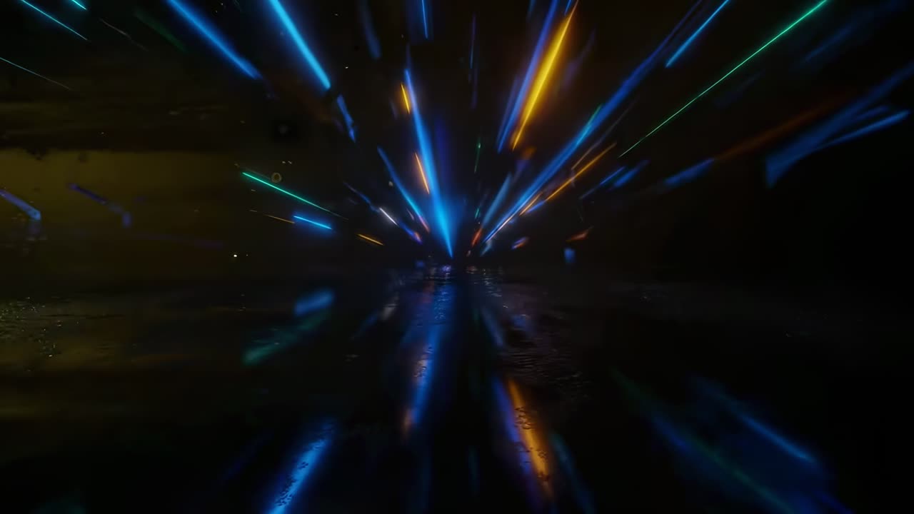 Video dinamico di luci al neon in un tunnel, ripreso da una prospettiva dal basso