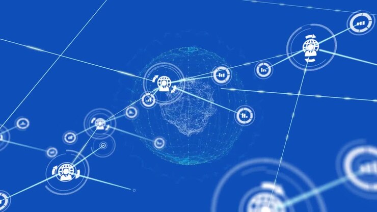 Animation of network of connections with icons over globe