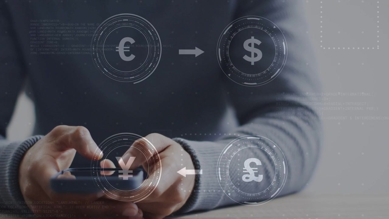Man bringing phone in and tapping, animated HUD circling currency UI and selecting yen for exchange