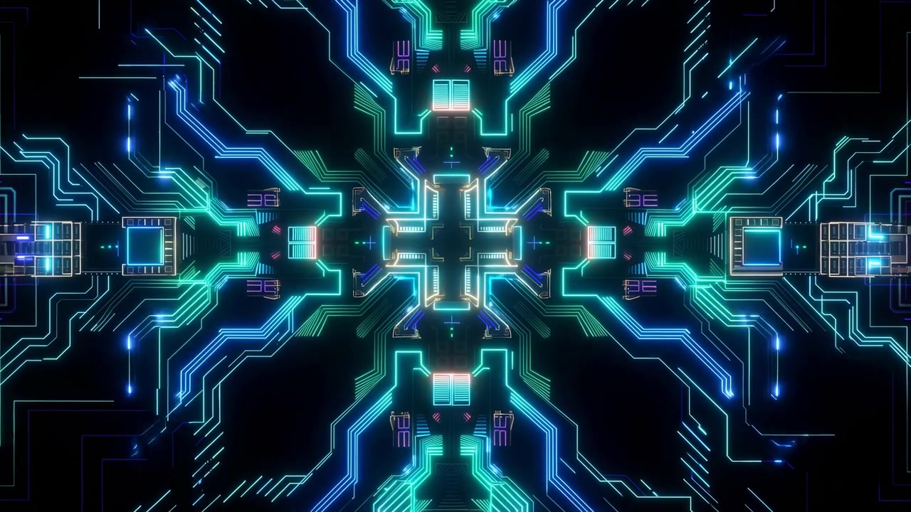 Glowing circuit-like lines animate in mirrored formation as bright highlights travel through branching paths, while the central geometric structure changes against deep black space.