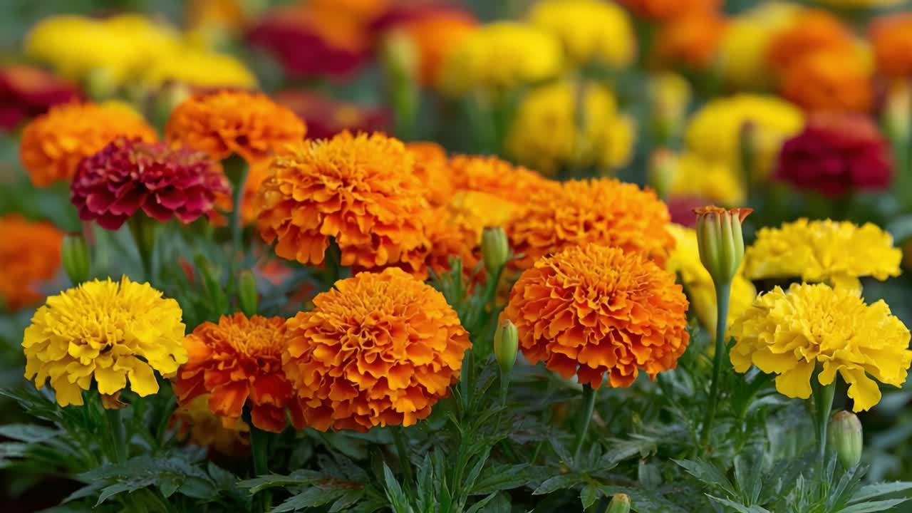 Fiori di calendula vivaci in piena fioritura che mostrano una colorata esposizione di fiori arancioni, gialli e rossi, circondati da un lussureggiante fogliame verde e splendidi petali luminosi.