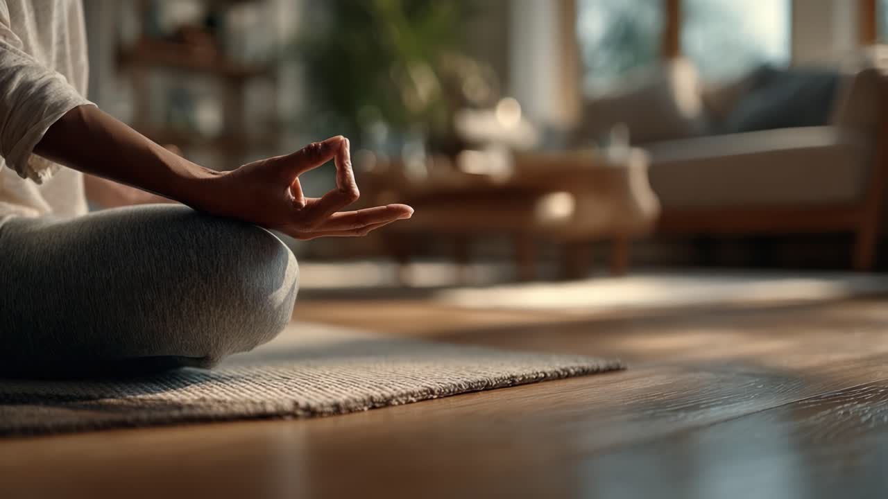 Un sereno momento di consapevolezza: praticare la meditazione in una stanza calma e soleggiata per la pace interiore e la riflessione.