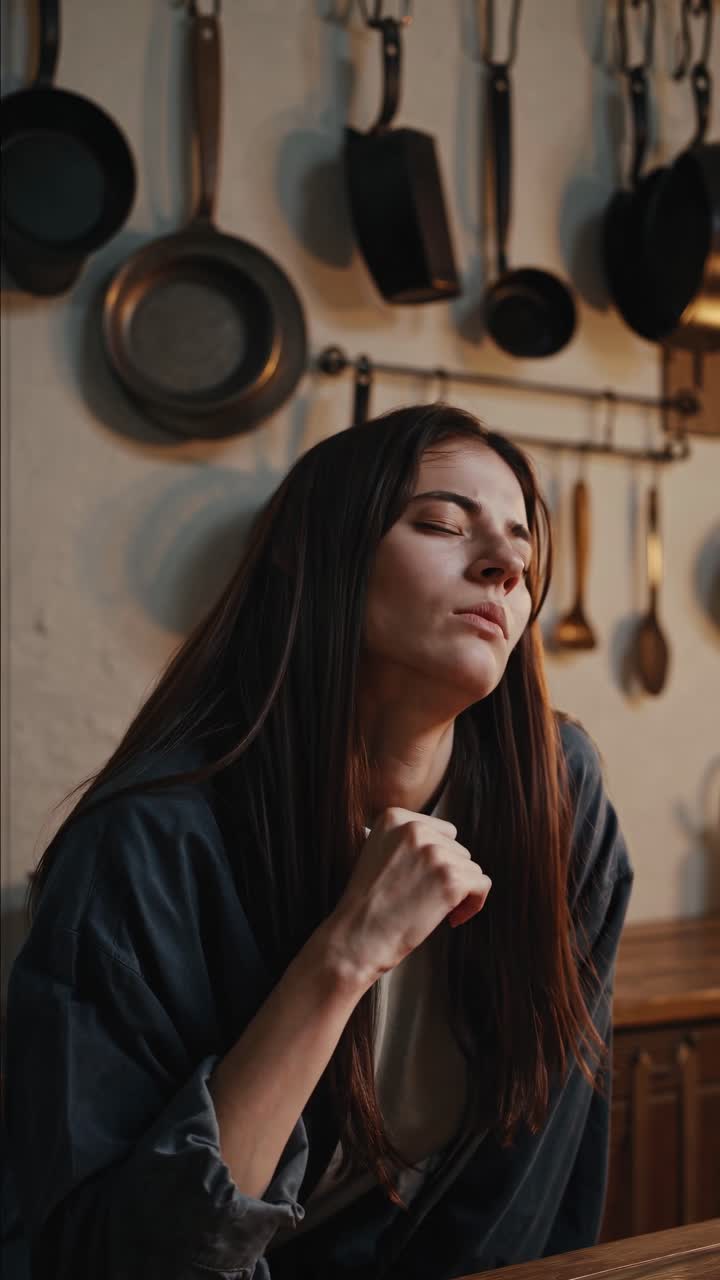 Žena sedí u dřevěného stolu s prázdným talířem, obklopena zavěšenými pánvemi.