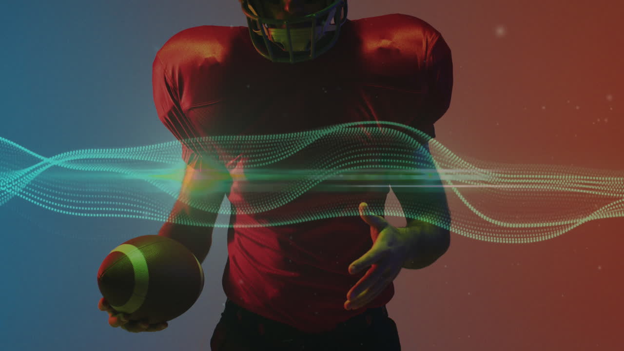 Animation of light trail lines over american football player on neon background
