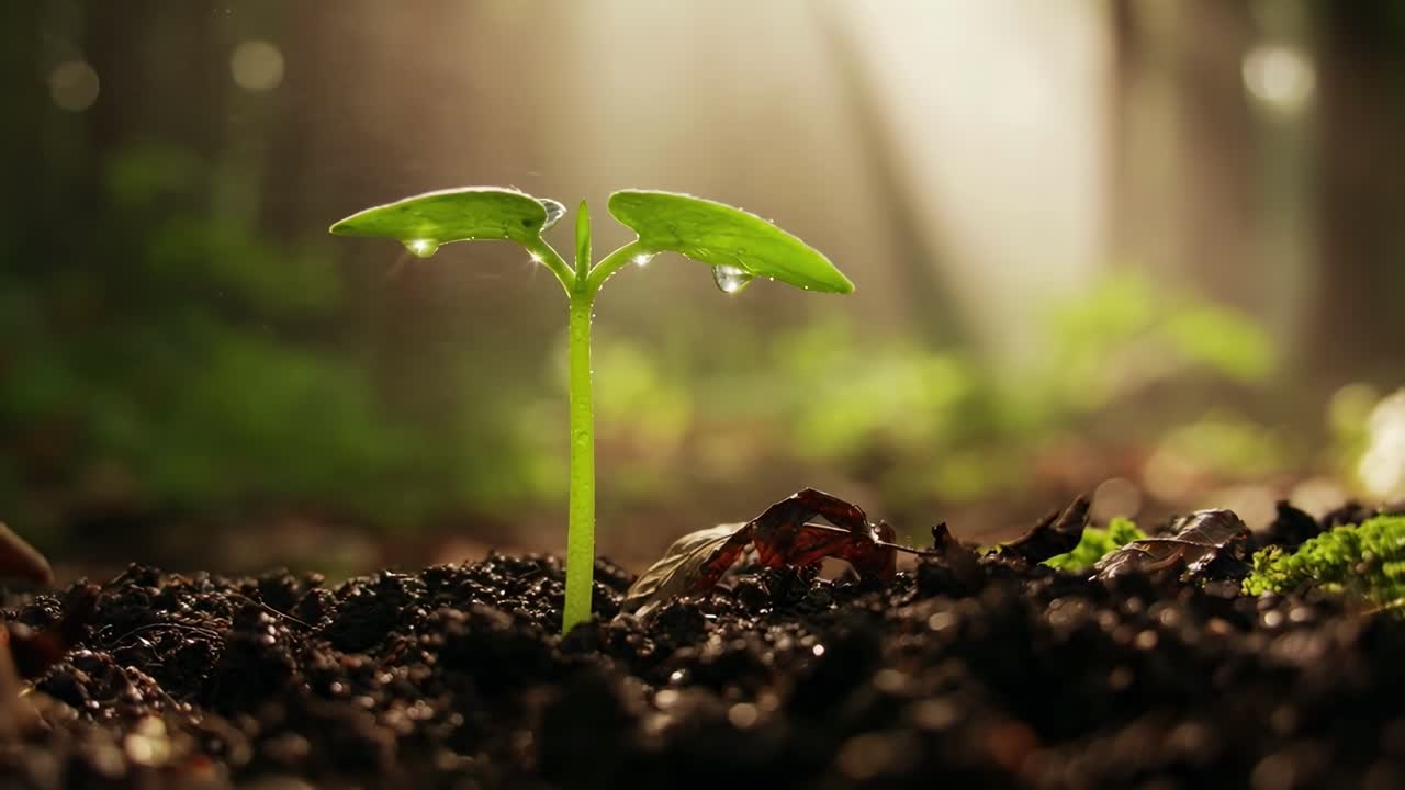 Primer plano en contrapicado de una planta germinando a la luz del sol, perfecto para un vídeo sobre el crecimiento, Live