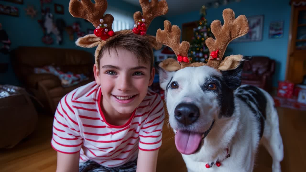 A Joyful Holiday Celebration with a Boy and His Dog: Capturing the Spirit of Festivity and Friendship in a Cozy Home Setting Full of Cheer and Fun