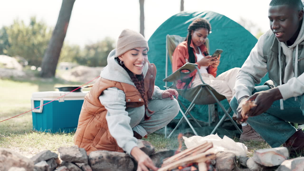 Friends Camping and Building a Bonfire