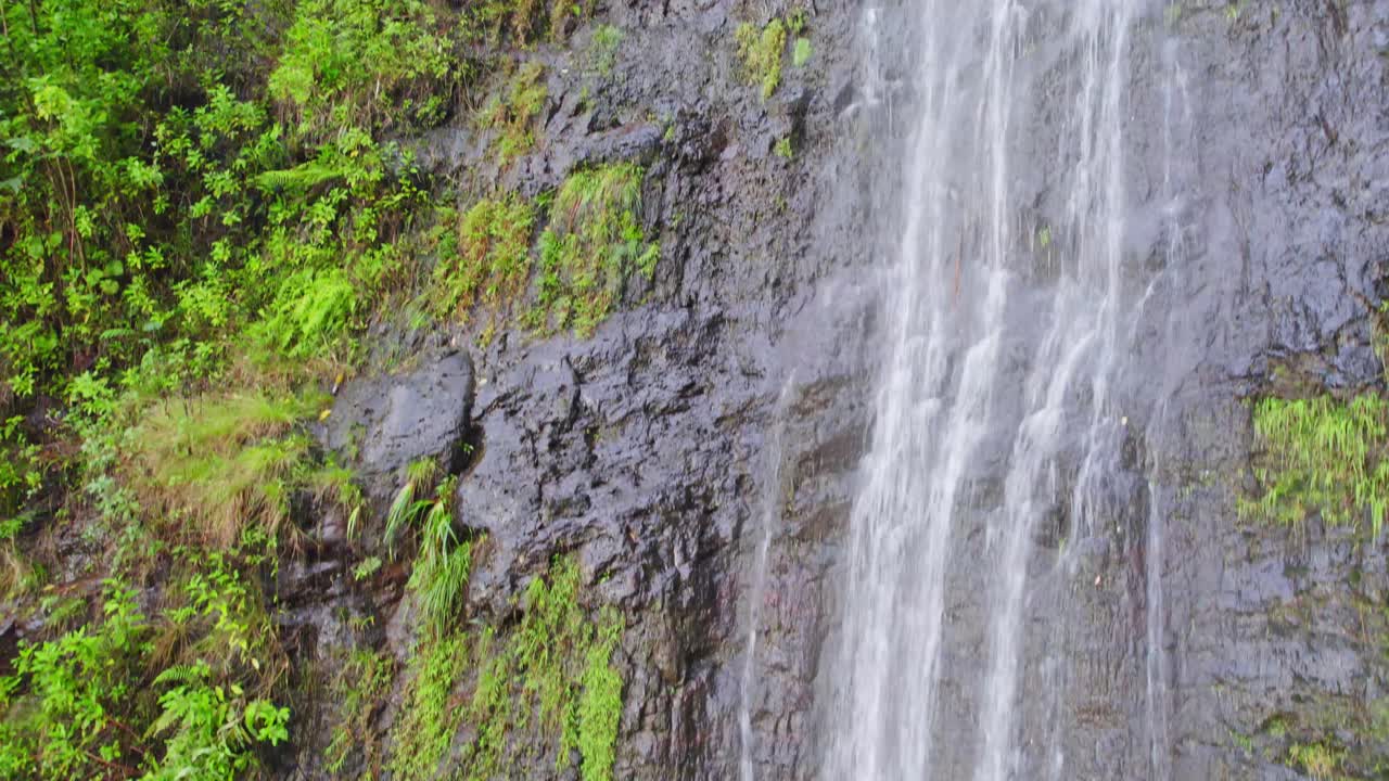 imágenes aéreas en la pared rocosa de una cascada muy alta y empinada en la selva tropical de la isla de oahu hawai'i mao'a falls