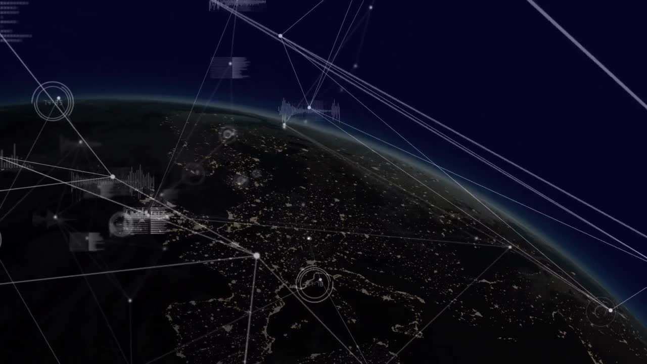 animación de puntos conectados, gráficos, barras de carga, ondas sonoras contra el globo sobre un fondo abstracto.