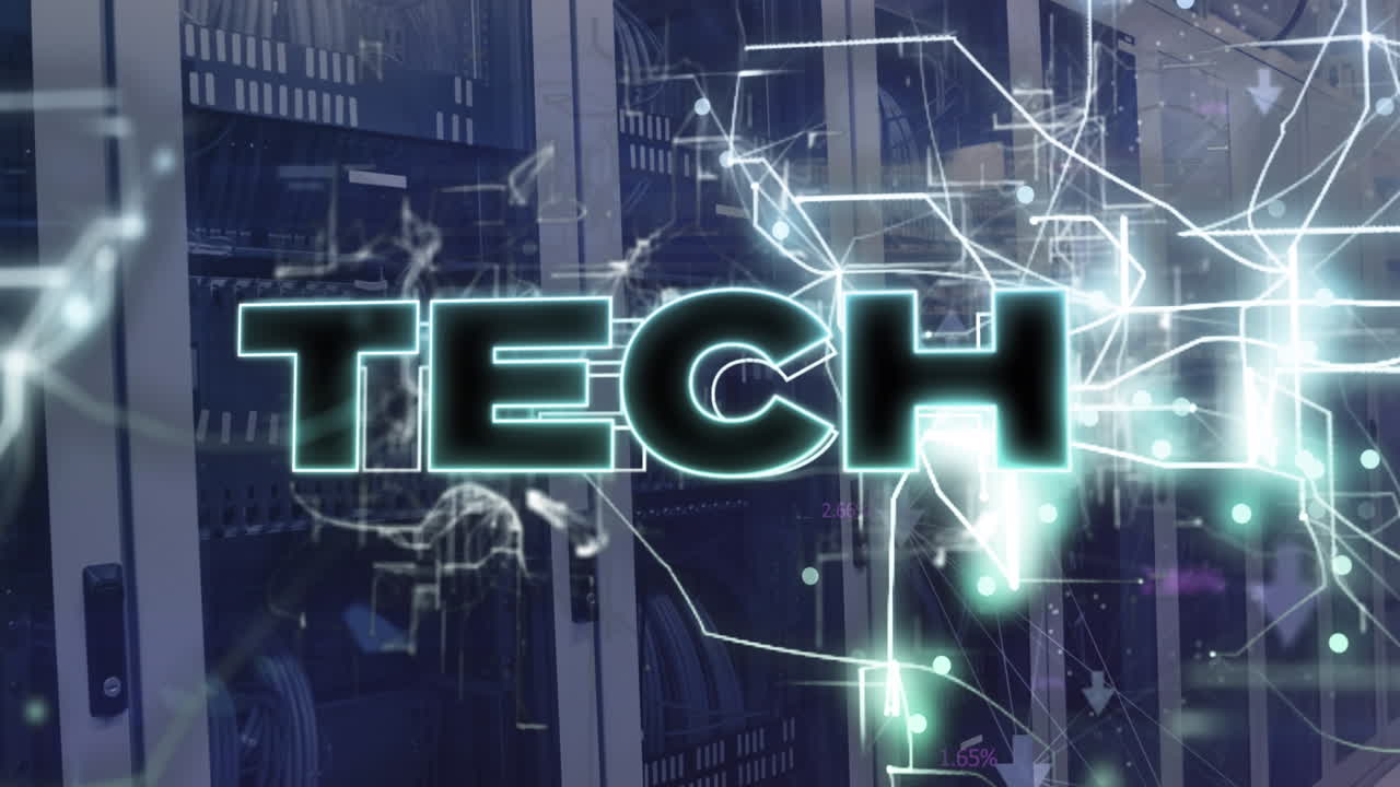 Animation of tech text and icons over computer servers