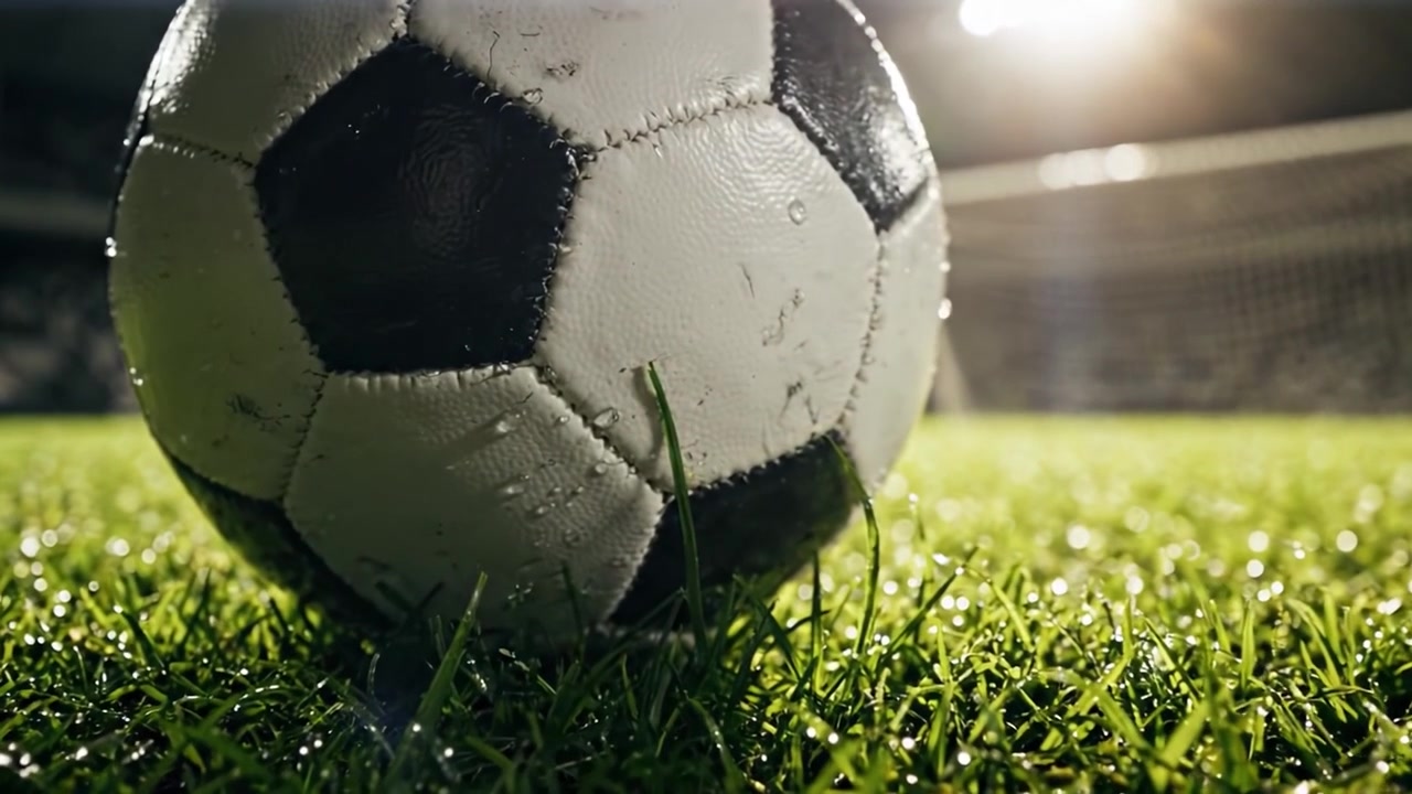 Gür çimlerin üzerindeki ıslak bir futbol topunun yakın çekim görüntüsü, stadyum ışıklarıyla aydınlatılmış arka plandaki kale görüntüsüyle oyunun özünü yakalıyor.