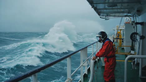 person on a ship's deck during a stormy, rough sea voyage