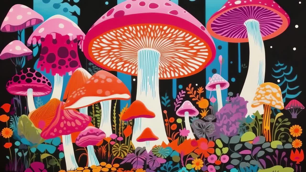 Livlig, surrealistisk illustrasjon av overdimensjonerte sopper i en fargerik skog