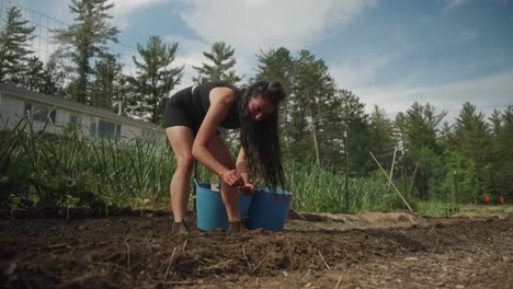 gimbal shot of woman working on farm in garden