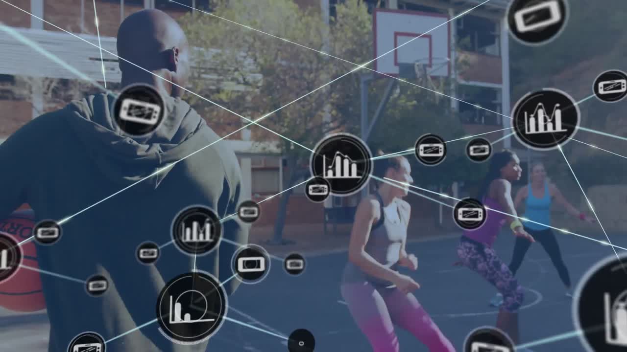 animación de redes de conexiones sobre jugadoras de baloncesto