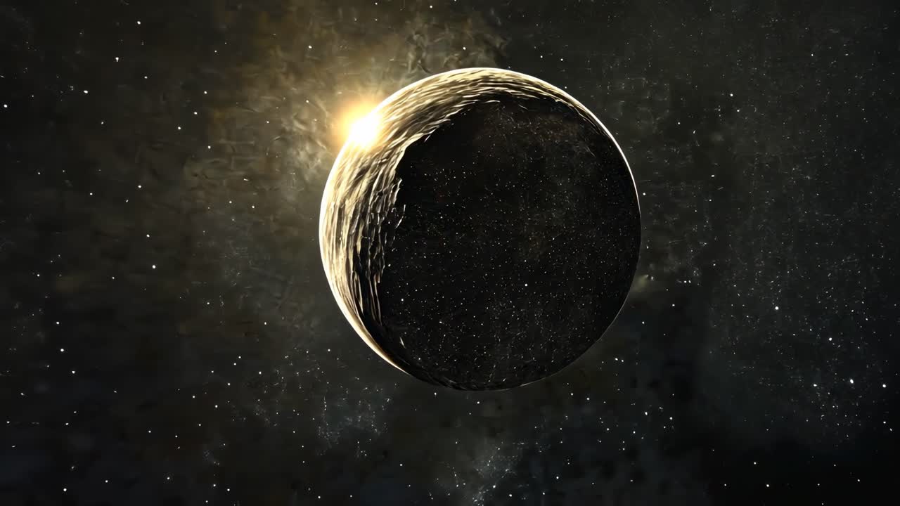 A cinematic video scene of a planet with a sunlit edge, captured from a distant angle