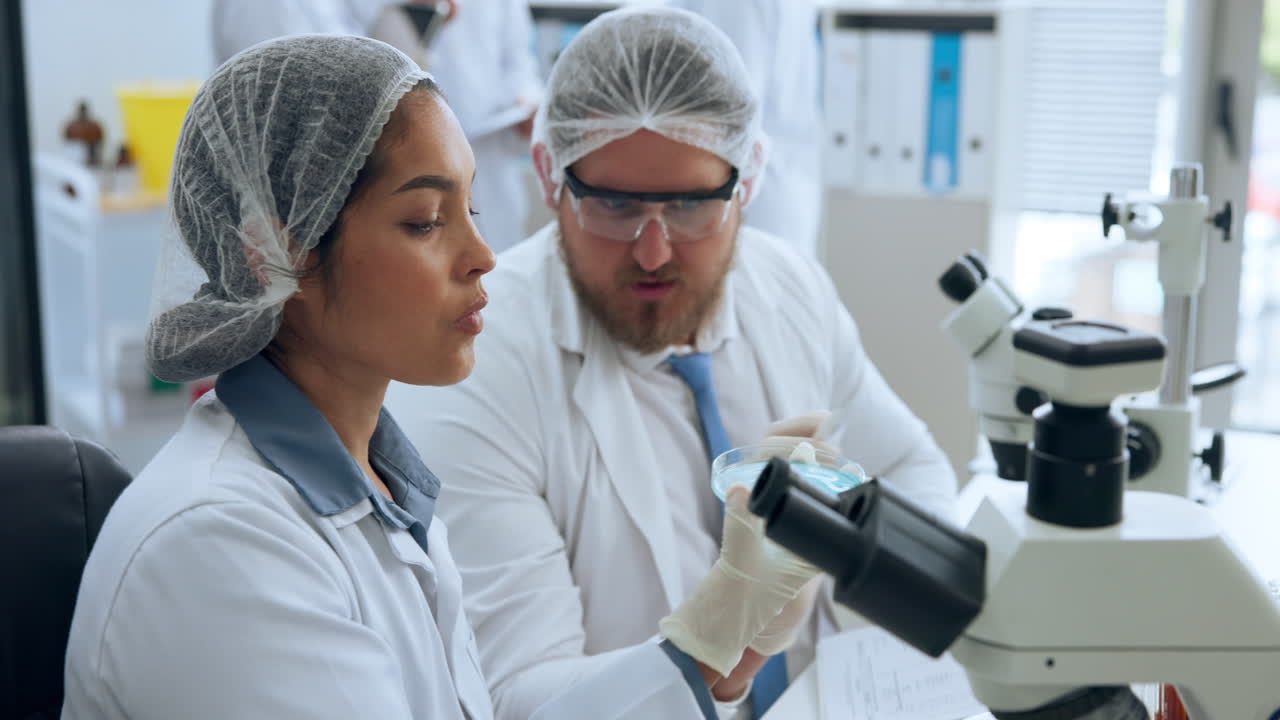 Scienziati che lavorano con microscopi e piastre di Petri in un laboratorio