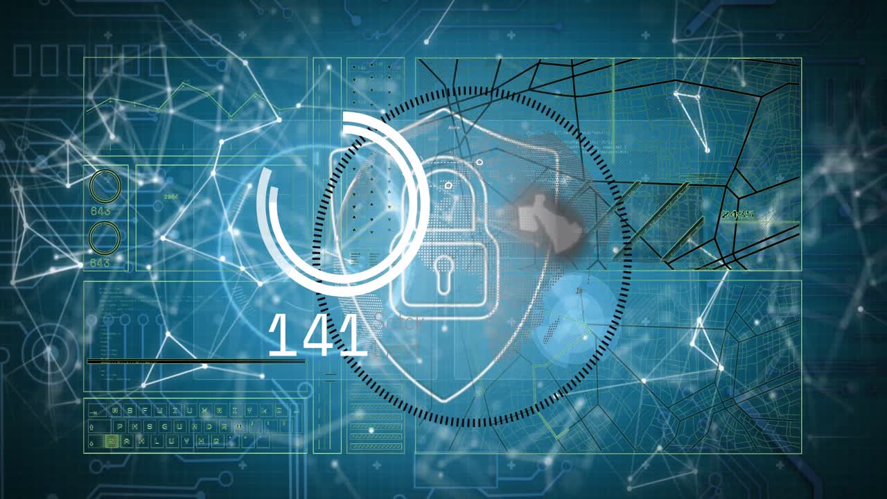 animación del candado de seguridad en línea, estadísticas y procesamiento de datos.