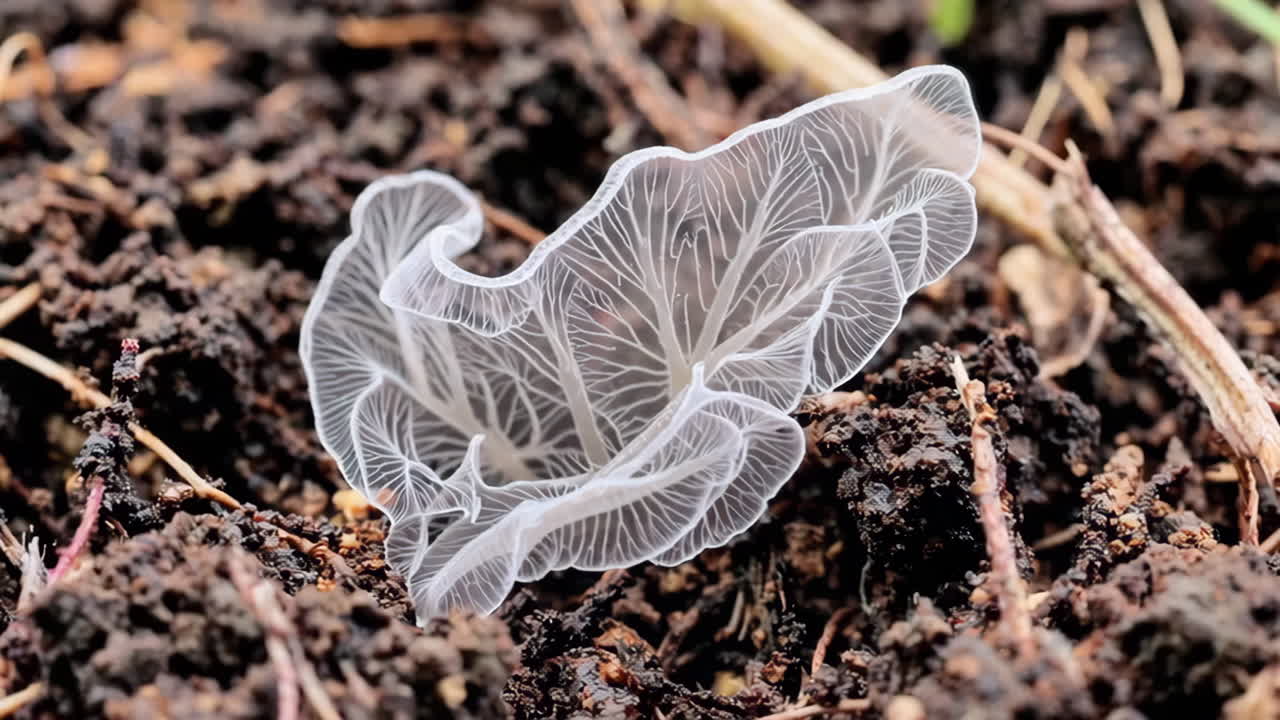 Translucent Mushroom with Intricate Veins on Forest Ground