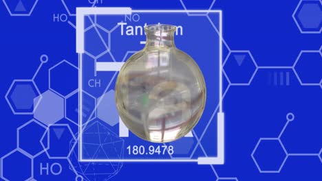 animation of laboratory glass bottle spinning over elements symbols and chemical structures