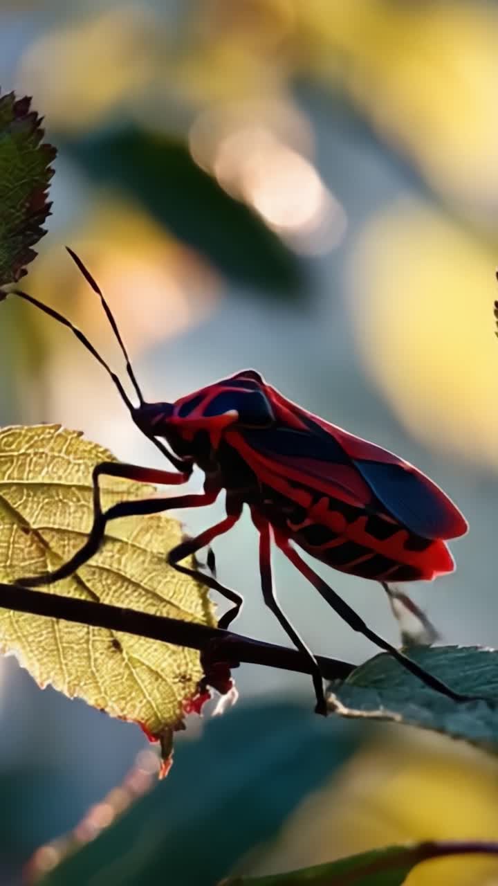 A Striking Red and Black Insect Perched on a Leaf Amidst Sunlit Greenery, Capturing the Beauty of Nature's Colorful Details