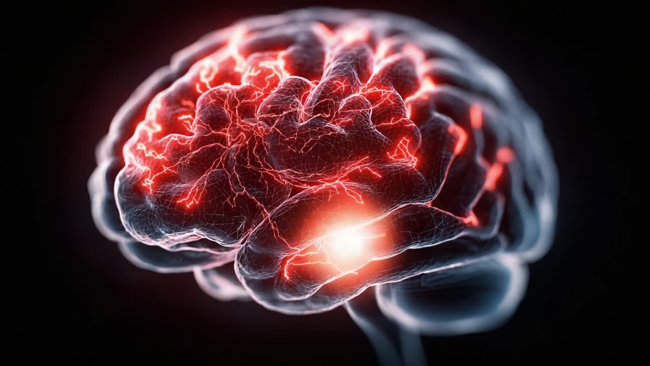 Intrikat visuell representation av en mänsklig hjärna som framhäver neural aktivitet med eldiga gnistor som illustrerar hjärnans funktionalitet och kognitiv bearbetning