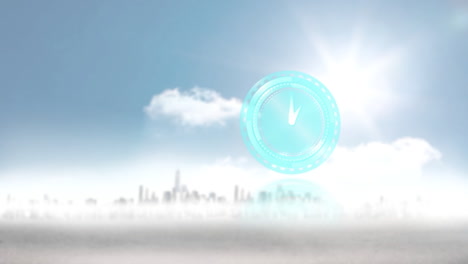 futuristic digital interface animation over city skyline with bright sun