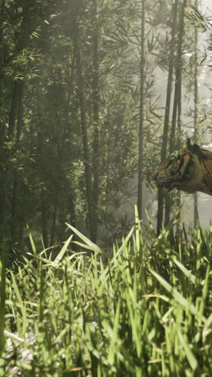 Tiger moves through green bamboo forest in daylight