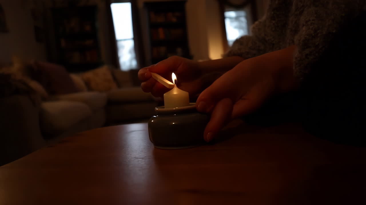 Persona che accende una candela con un fiammifero in una stanza in penombra
