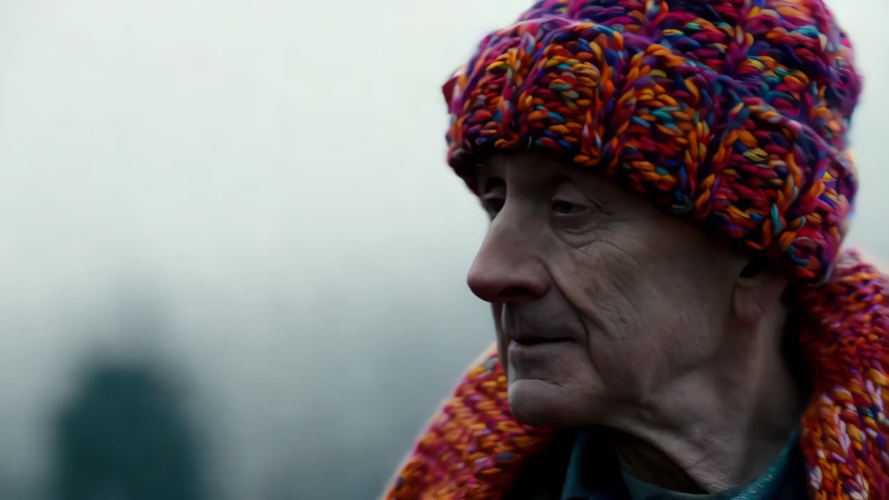 다채로운 겨울 모자를 입은 노인