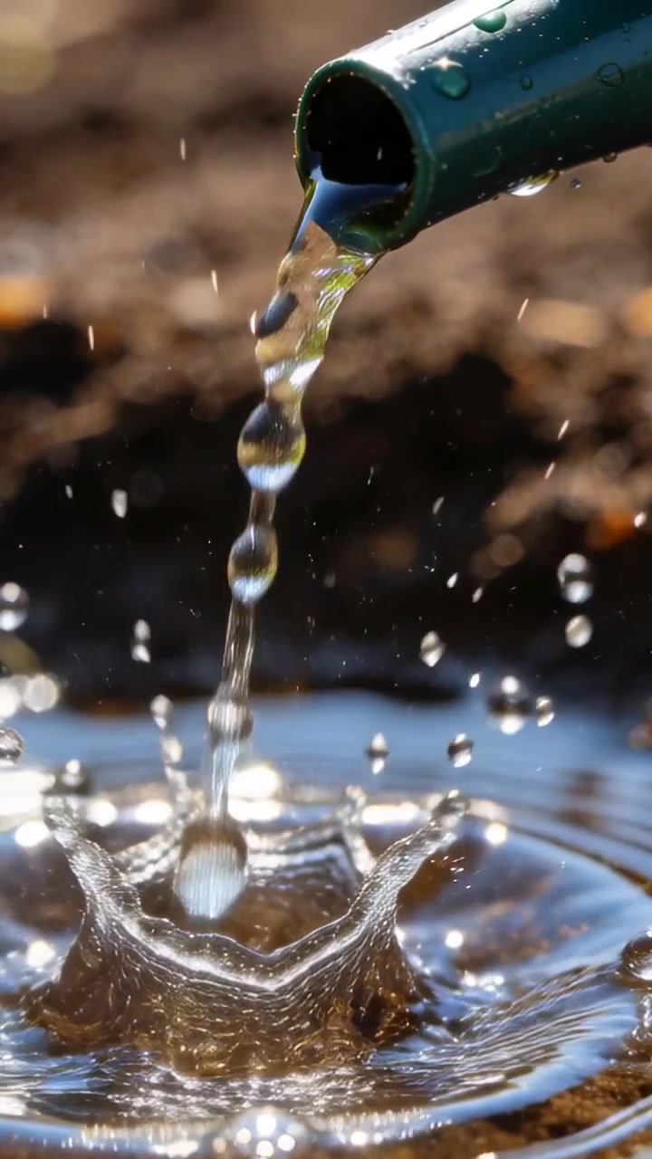 Video verticale: Beccuccio verde che alimenta un flusso, catena di goccioline che forma una corona in una piscina interrata.