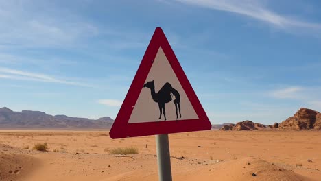 triangle road sign with camel in the vast remoteness of desert landscape with red sand terrain and mountains in jordan, middle east