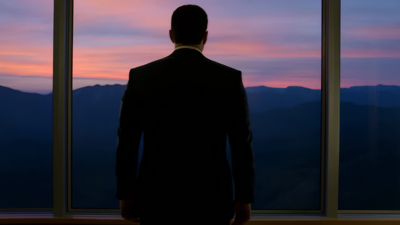 Man in Suit Looks Out Window at Sunset Over Mountains