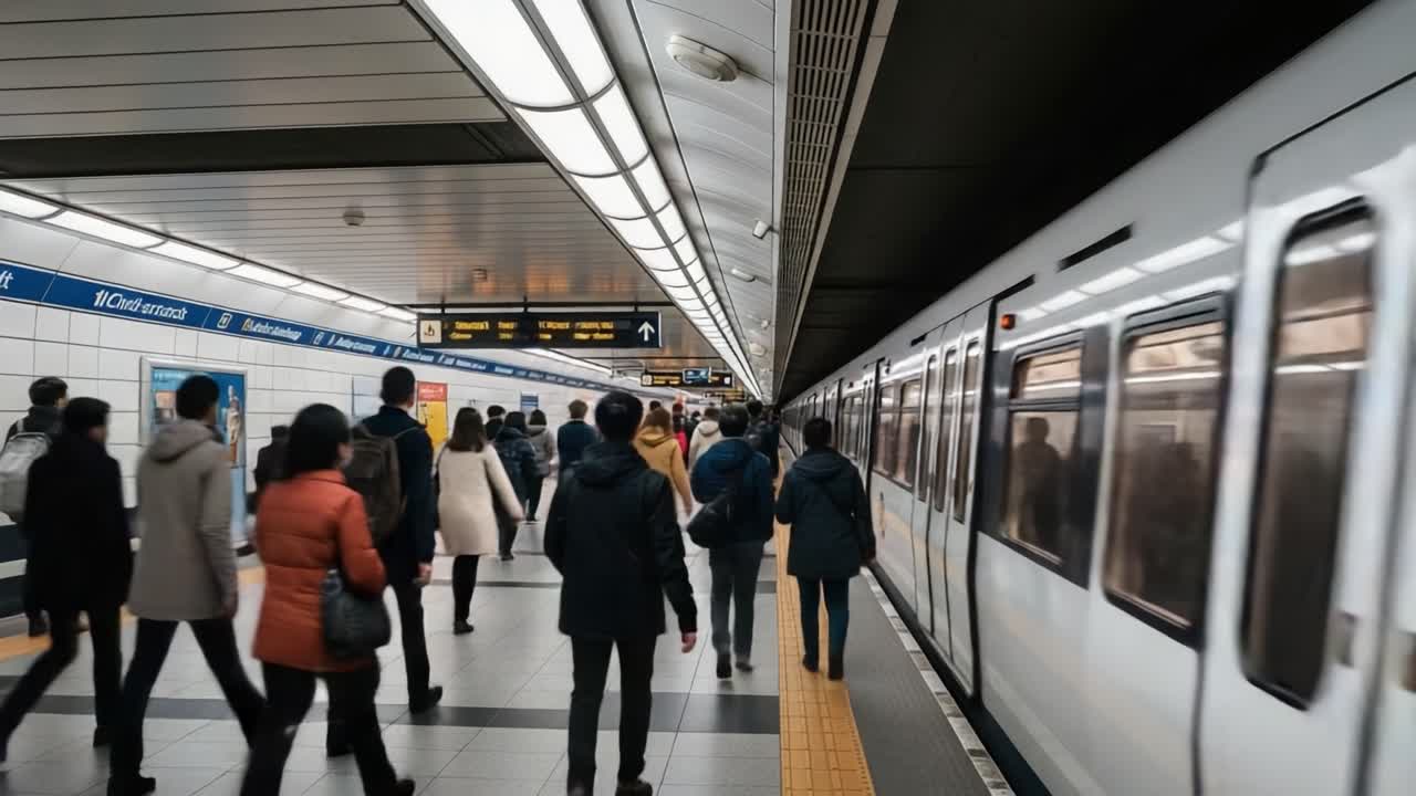 People walking on a subway station platform next to a train