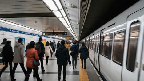 people walking on a subway station platform next to a train