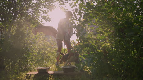 dog owner standing outdoors holding leash as her dog attempts to move forward, she gently pulls it back, with two metal bowls placed on wooden plank in front of them, surrounded by greenery