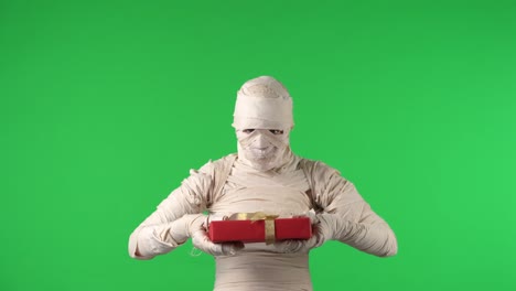 mummy holding a red gift box on green screen